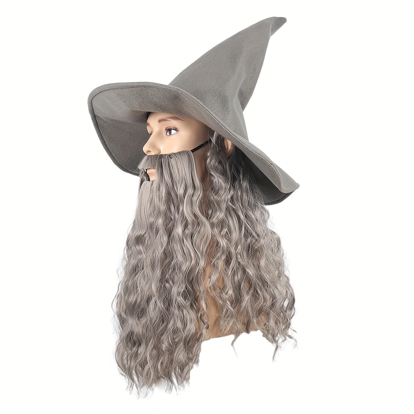 Ideal for Halloween and cosplay, this set includes a gray wizard hat with a long curly wig and beard that are heat resistant.