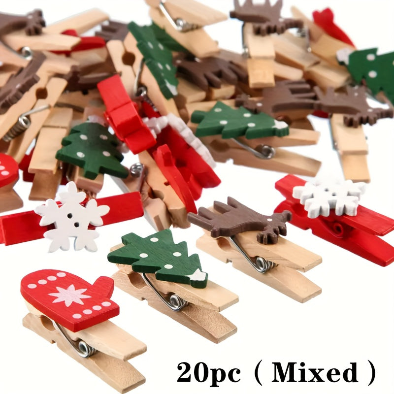 20-pack wooden Christmas clothespins for hanging photos and embellishing weddings. Decorative clip set with holiday shapes for parties, birthdays, and home decor. Features Christmas trees, gloves, reindeers, and snowflakes. Hanging attachments included