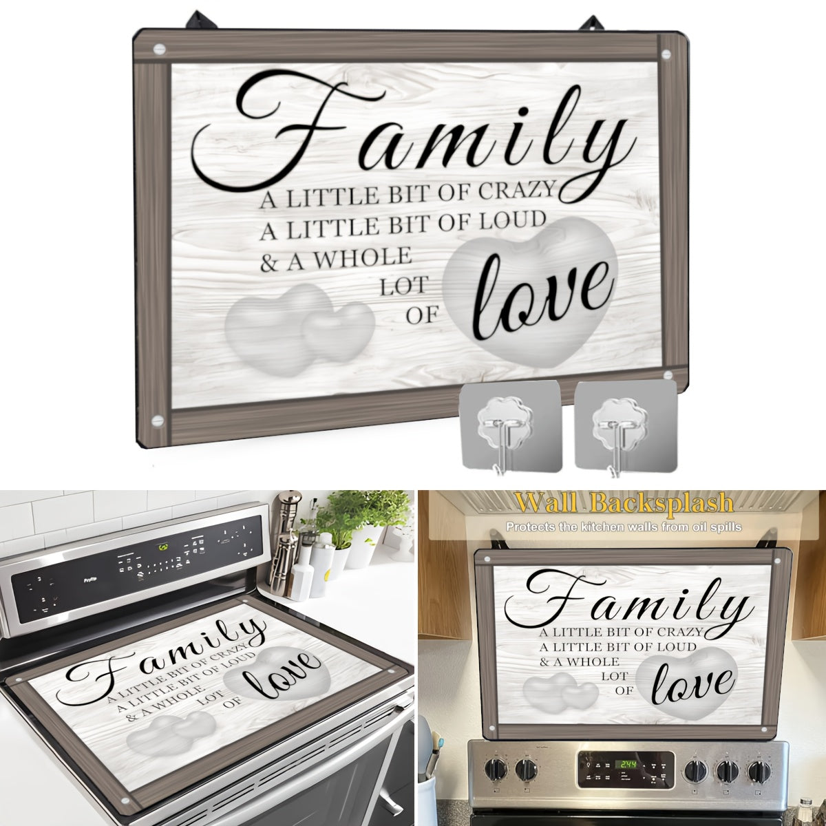 Wood Grain Design Stove Top Protector, 72.39x52.07cm, Scratch-Resistant & Heat-Resistant, Non-Slip Rubber Backing - "Family Love" Inspirational Quote. Dishwasher Safe, Versatile Kitchen Decor Mat for Cooktops, Countertops, Dryers.