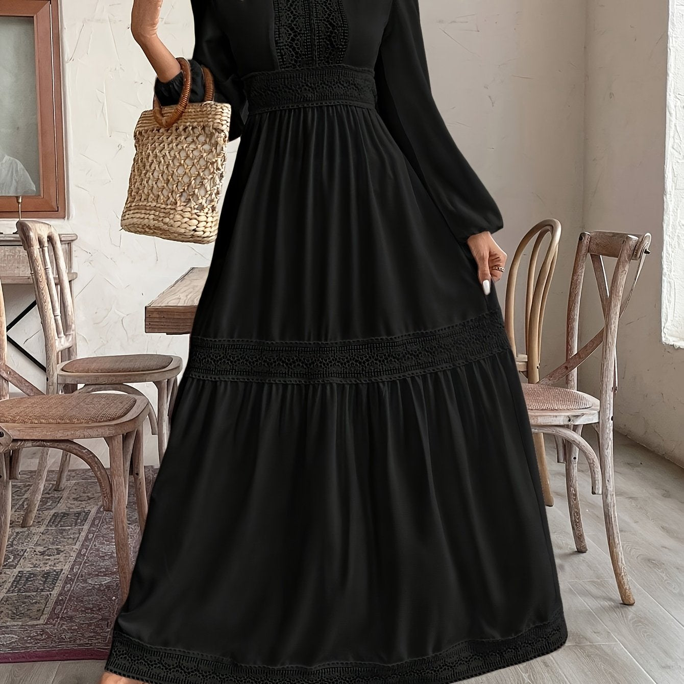 Stylish black maxi dress for women with lace detailing, high waist, and long sleeves. Made of polyester, suitable for all seasons. Flowy silhouette and non-transparent material.