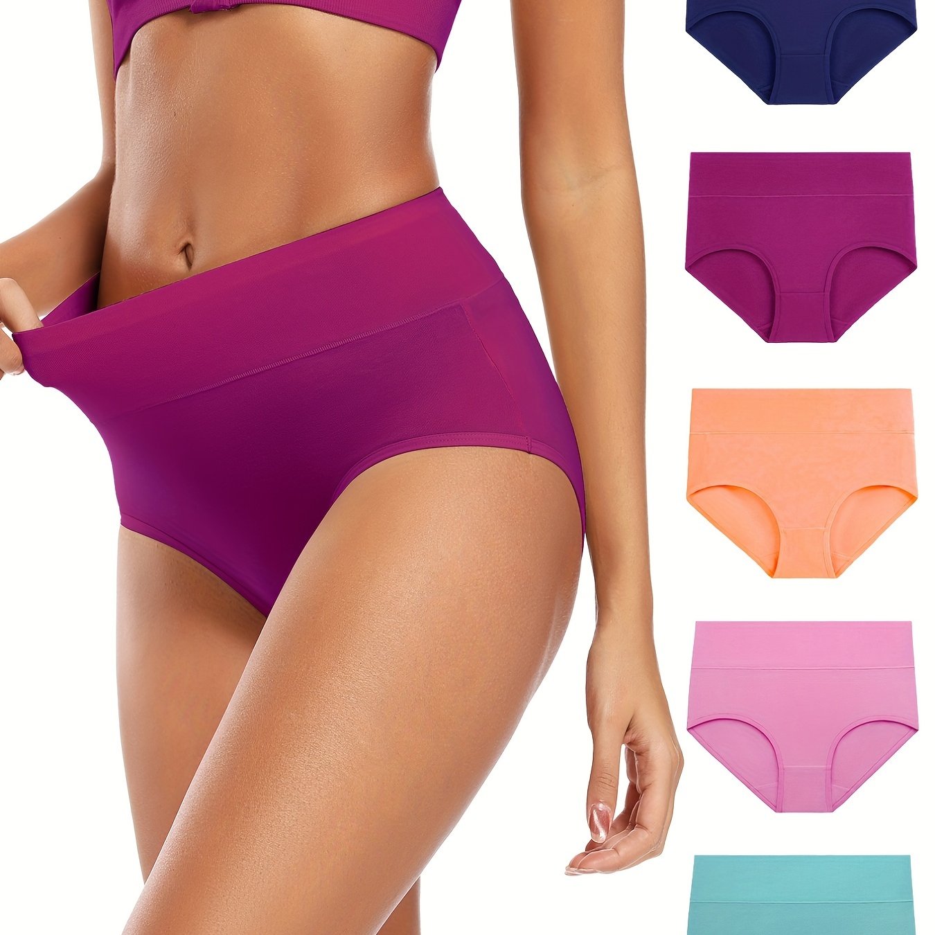 5 Women's High-Waist Briefs in Assorted Colors - Soft blend, stretchy, non-see-through knitted fabric