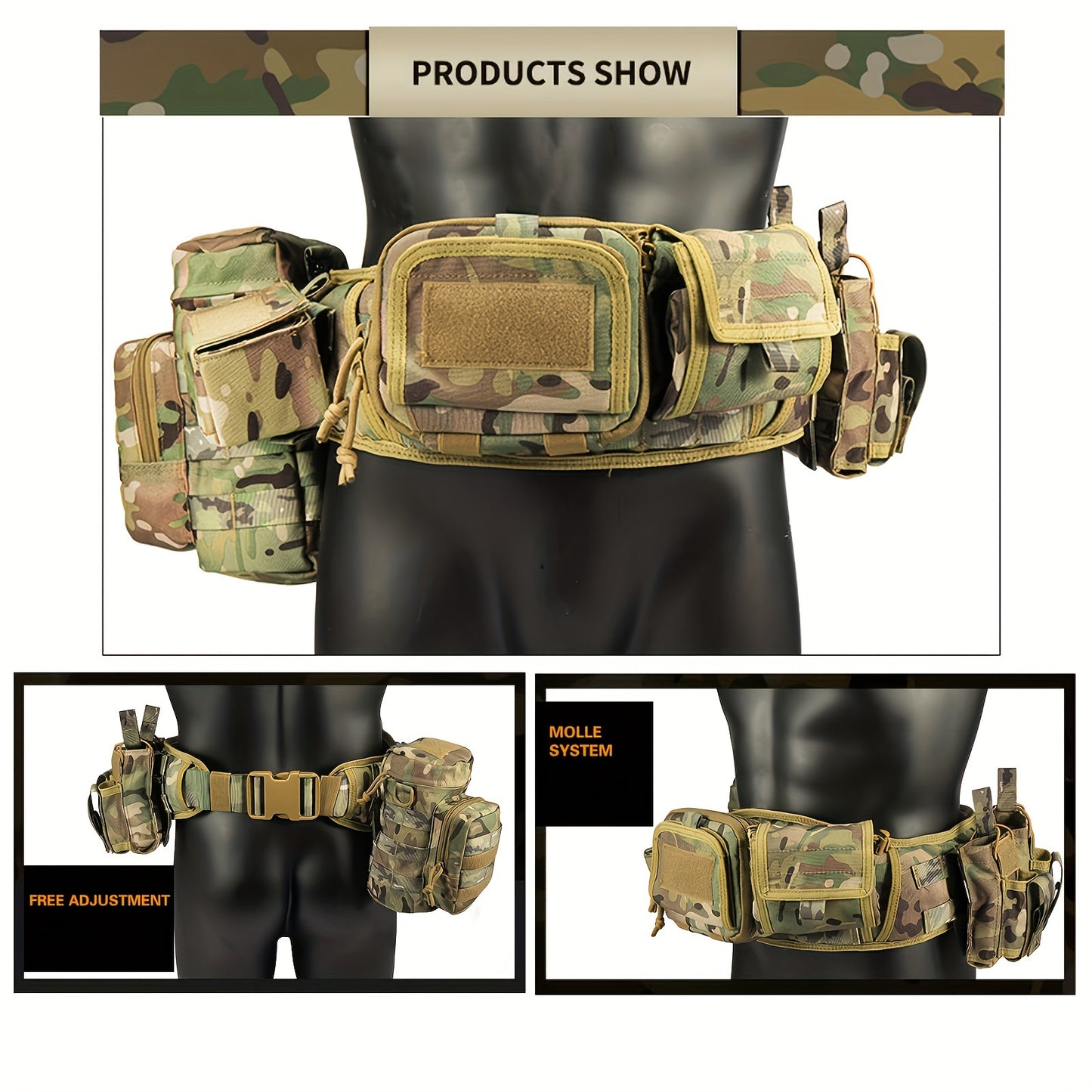 BOMTURN Tactical Utility Belt Set with MOLLE System includes 7 pieces of camouflaged polyester gear suitable for hunting and fishing.