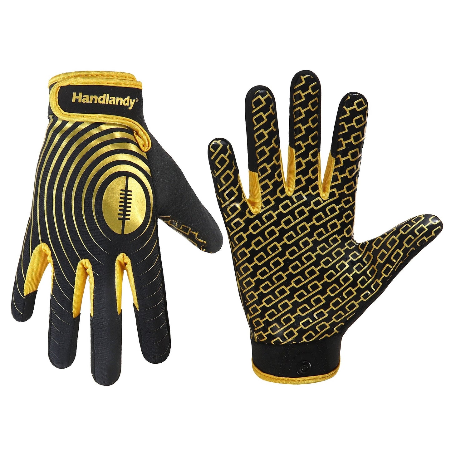 Adjustable football gloves with sticky white and golden receiver palms and elastic closure.