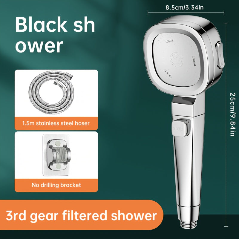 Musurjoy handheld shower head with 4 spray patterns and one touch water stop. Wall mount/insert design with round plastic body. Painted finish with power spray system, no electricity required. Perfect for bathroom or as a gift for Christmas or