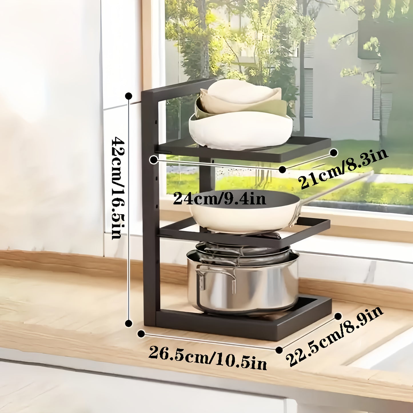 Height adjustable pot racks, stainless steel sink under pot and pan storage, multi-layer cabinet shelves, dining room kitchen storage tables.