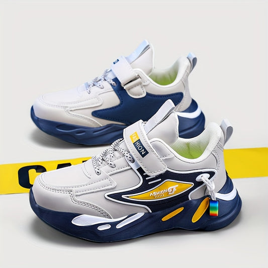 Boys' sports casual running shoes with microfiber synthetic leather, hook and loop fastener, lightweight design, fabric insole, and EVA sole for all-season activities.