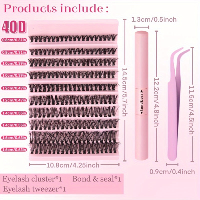 200-piece DIY Eyelash Extension Kit with mixed lengths (8-16mm) in different styles for various makeup looks. Includes natural, thick, extra thick, and cat eye options that are soft