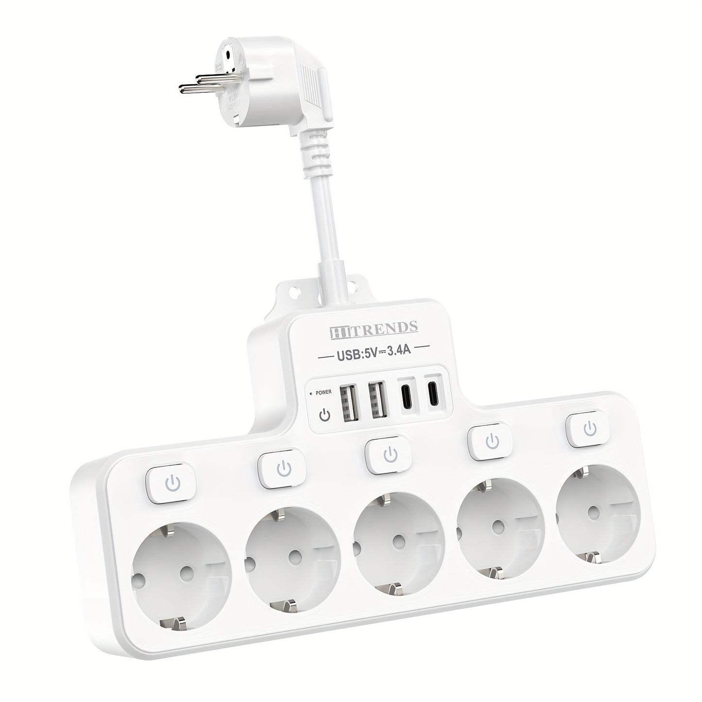 Power strip with 5 EU sockets, 2 USB-A ports, and 2 USB-C ports, smart charging, individual switch, flexible cable, wall-mounted for home, office, dorm use.