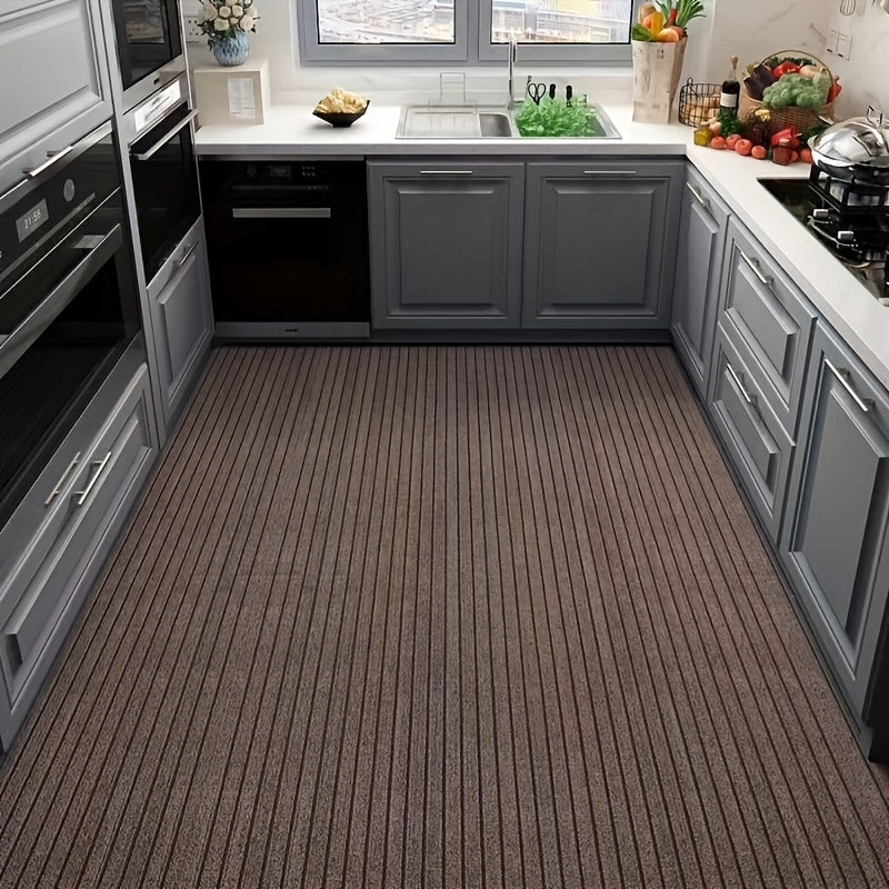 Non-Slip 7-Stripes Carpet with Waterproof and Stain-Resistant Features, Machine-Made with Hand-Wash Only Instructions. Crafted from a Polyester Blend with Medium Pile for Home Decor use in Kitchen, Bathroom, Bedroom, and Office. Backed with Polypropylene