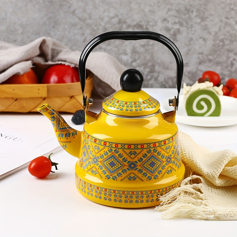 Enamel Hot Water Kettle with Geometric Print and Memory Flower Design, 1.1L capacity, suitable for household use. Features Ancient Clock and Target design. Versatile kettle suitable for brewing tea, coffee, or other beverages. Combines Middle Eastern and