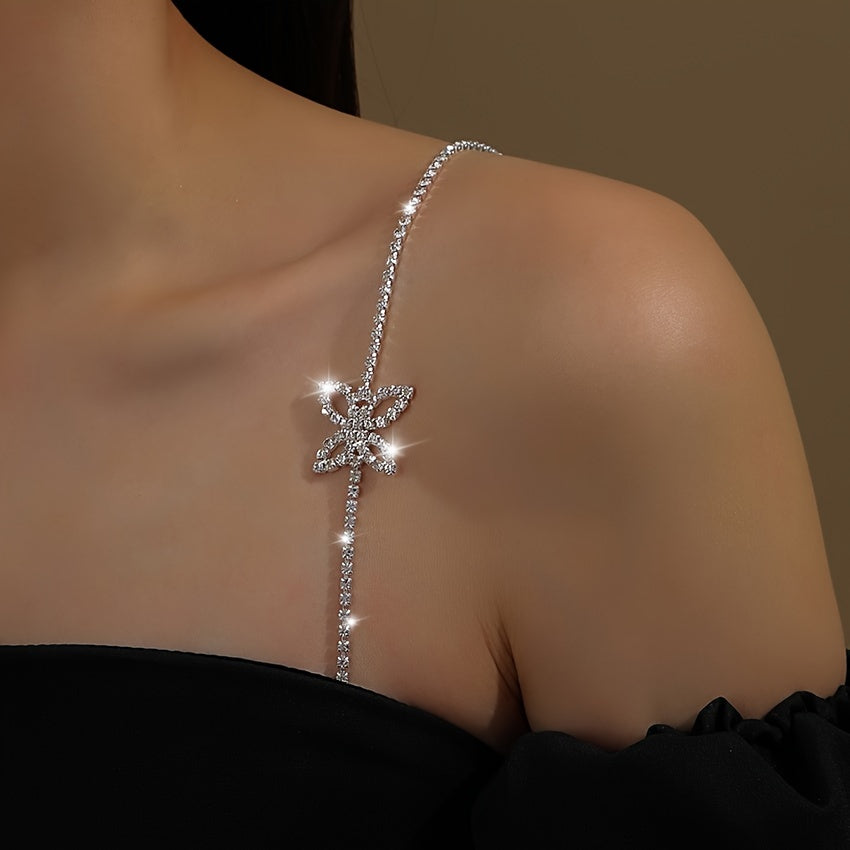 Elegant butterfly body chain with sexy invisible one-shoulder strap, rhinestone mosaic, copper material. Suitable for weddings, banquets, Valentine's Day gift, and all-season wear.