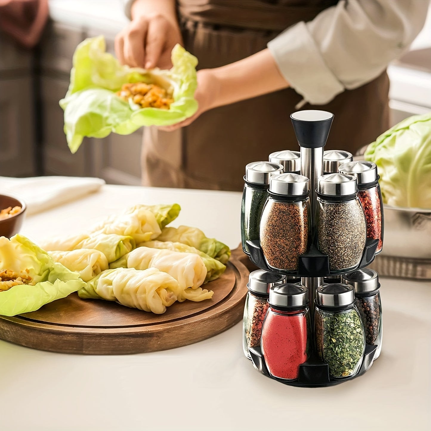 Revolving spice rack set includes 6 or 12 jars with 360° rotation shelf and glass refill containers for cabinet or countertop. Spices not included.