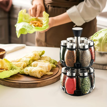 Revolving spice rack set includes 6 or 12 jars with 360° rotation shelf and glass refill containers for cabinet or countertop. Spices not included.