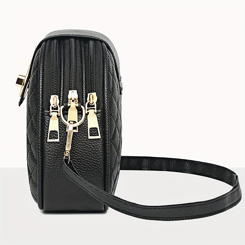 Vintage style faux leather crossbody bag in black with quilted design, adjustable strap, and phone pocket.