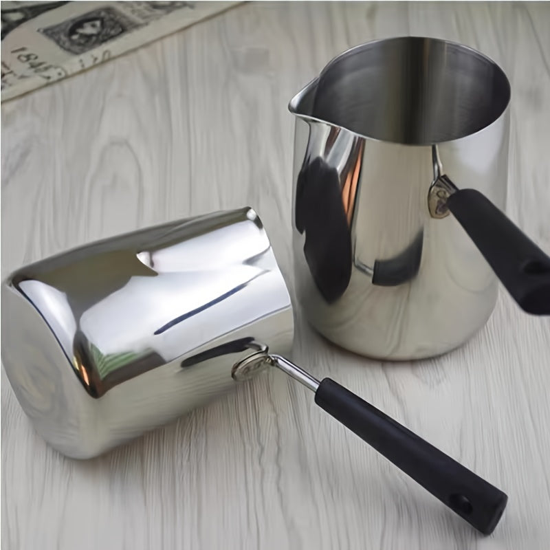 Premium Stainless Steel Milk Frothing Pitcher – Ideal for Coffee Art, Steaming, and Gas Stove Use. Features Long Handle, Perfect for Home Bars and Restaurants.