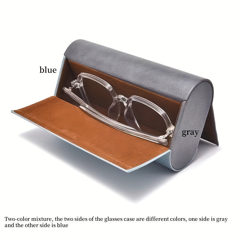 Stylish double-layer glasses case made from durable faux leather. This portable and fashionable case can hold 2 pairs of glasses and comes in scratch-resistant blue or orange.