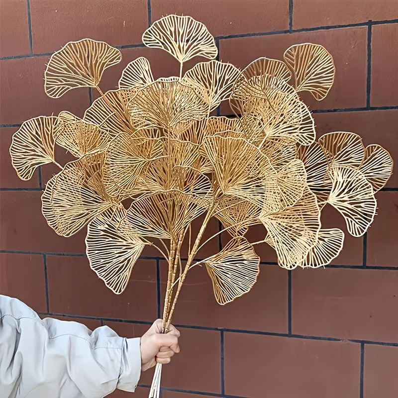 5 Glitzy Golden Ginkgo & Apricot Leaf Artificial Stems for year-round elegant home décor. Ideal for weddings, Christmas, winter, and spring decorations.