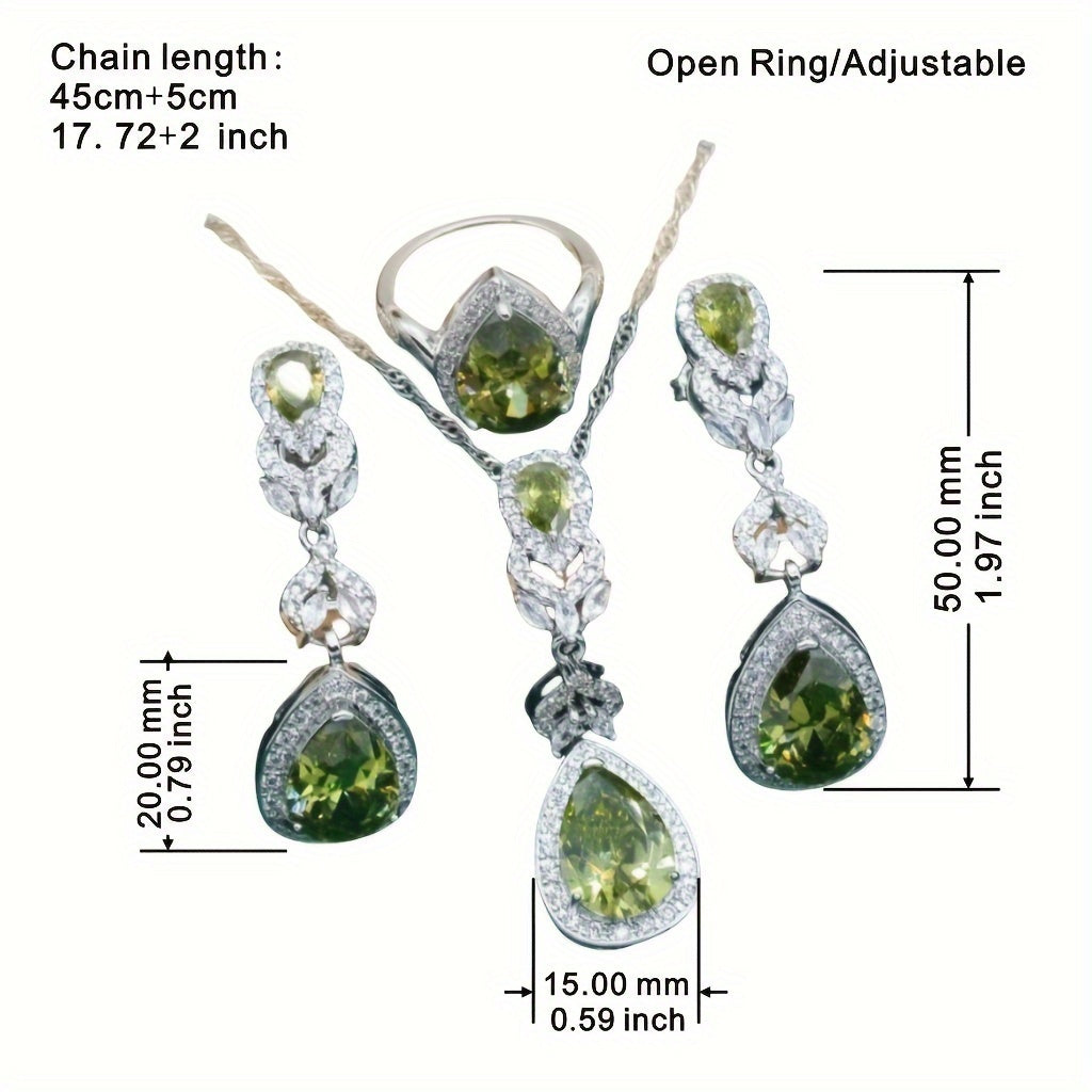 Exquisite 5-Piece Olive Green Zirconia Jewelry Set for Women - Featuring Elegant Synthetic Stones, Platinum Plated Copper with Full Pave Setting - Comes with an Adjustable Ring, Long Earrings, Necklace, and Bracelet - Ideal for Weddings, Banquets, and as