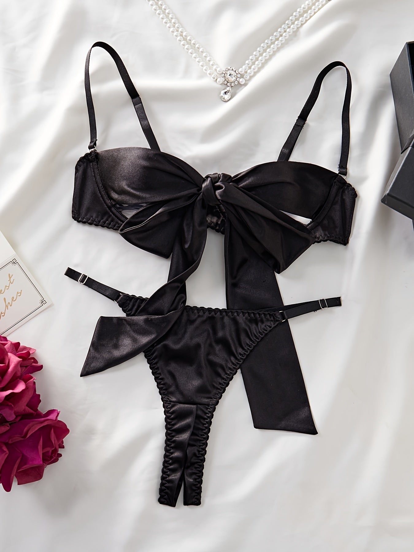 Thin shoulder strap lingerie set featuring bow decor, intimates bra and panty, women's sexy attire.