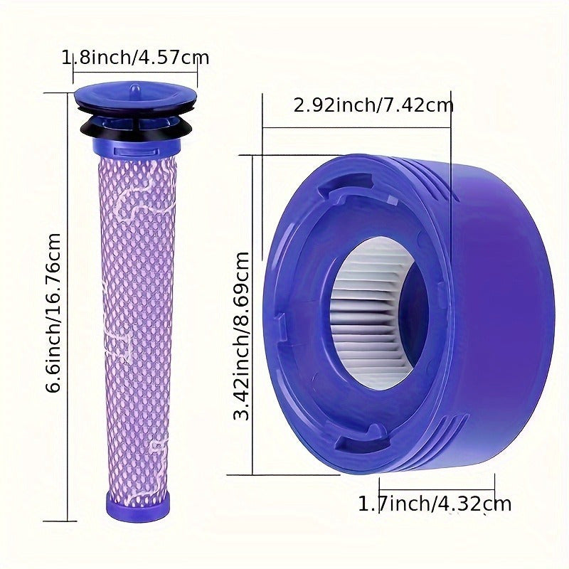 Replacement filters for Dyson vacuums are available in packs of 2 or 4. These filters are compatible with V6, V7, V8, DC59, and DC58 models and come with both pre-filter and post-filter meshes.