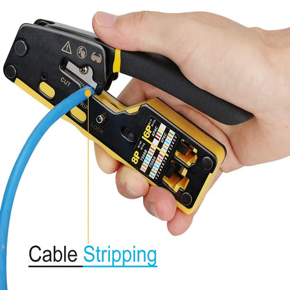 Ratcheting tool for modular data cables cutting and stripping RJ11/RJ12 and RJ45 connectors.