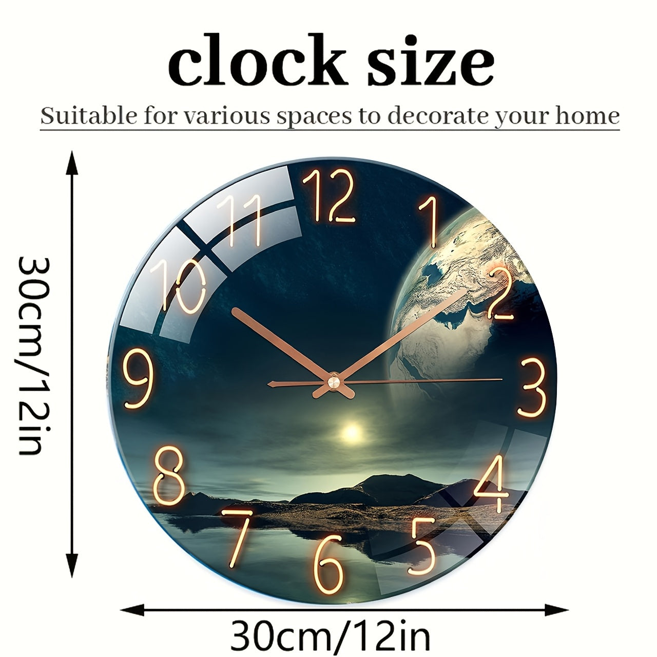 12" round glass wall clock with Earth landscape design - silent, battery-powered timepiece for living room or kitchen, modern style décor.