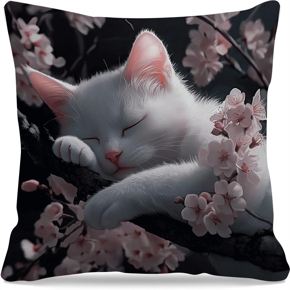 White Cat and Cherry Blossoms Cushion Cover - 1 piece, 45.01cm, Machine Washable with Zip Closure - Perfect Decorative Pillow Case for Sofa, Living Room, and Bedroom. Ideal for Summer and Fall Decor (Cushion Not Included)