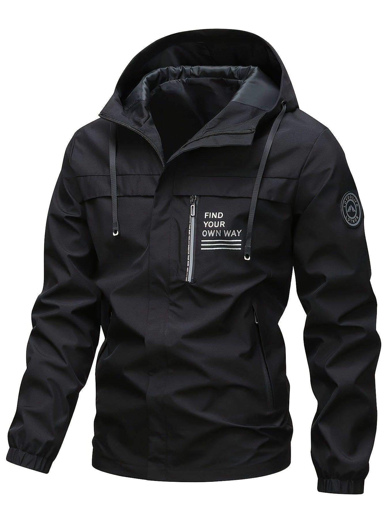 Windbreaker jacket with hood and zip pockets for men - Lightweight and breathable.