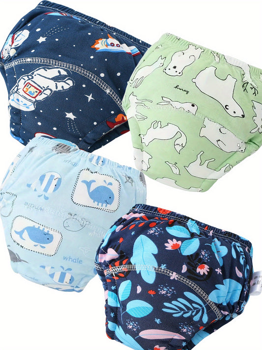 4 Boys' Cotton Training Pants – Comfortable, Breathable, Absorbent Potty Training Diapers with Animal Patterns (Space, Whales, Dinosaurs, Floral) – Machine Washable, All-Season Use