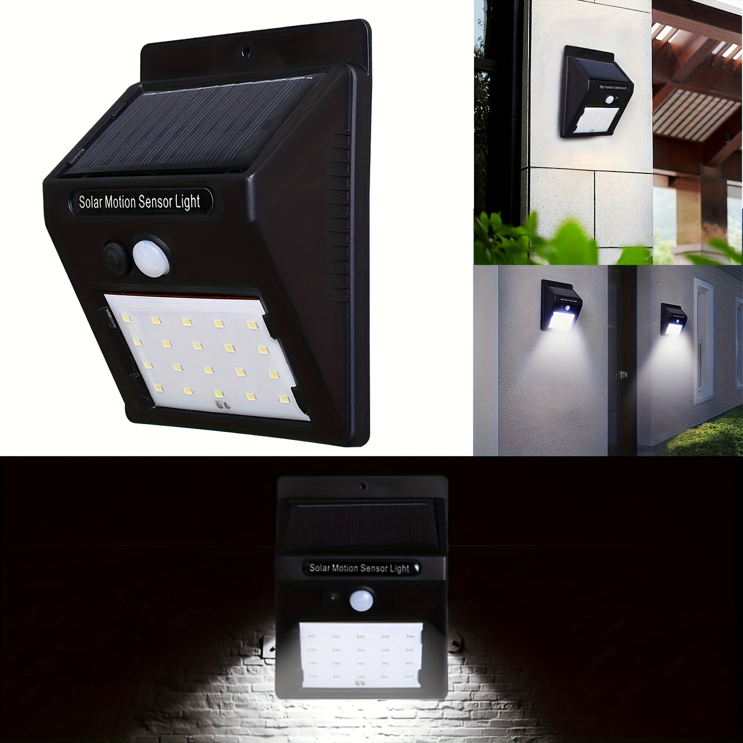 Outdoor solar motion sensor light with 120° wide angle lighting is suitable for courtyard, garden, garage, driveway, sidewalk, and patio deck.