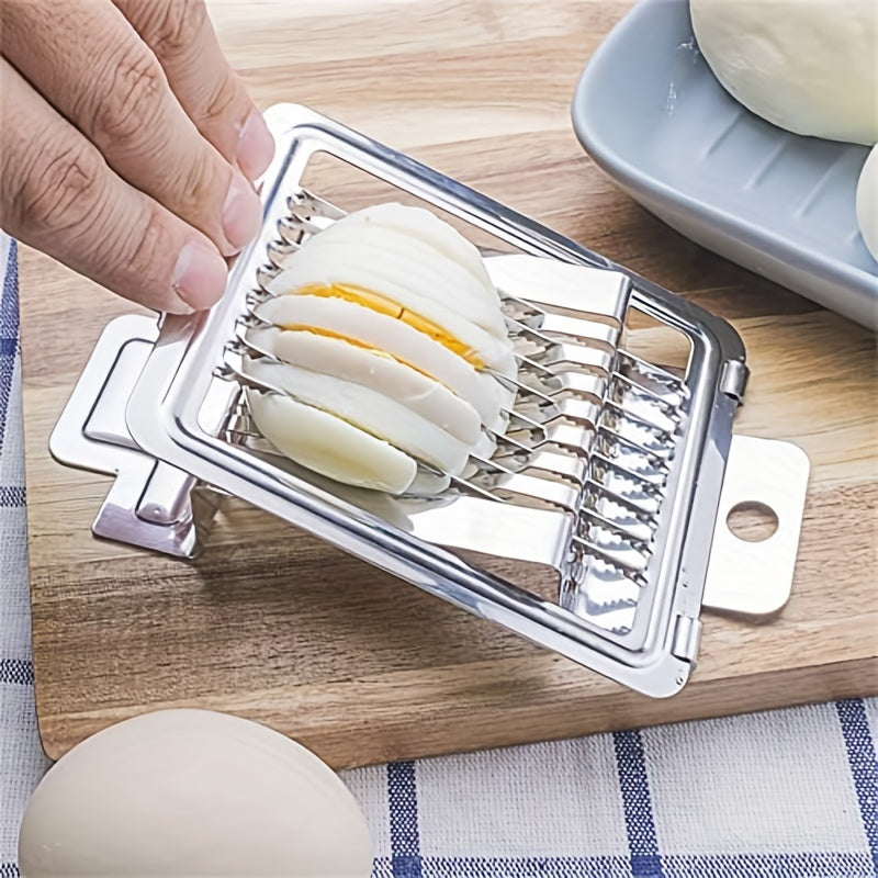 1 piece of egg slicer with stainless steel blades for slicing hard boiled eggs, fruits and other foods creatively in the kitchen. A versatile tool for cutting eggs and other ingredients in the household.