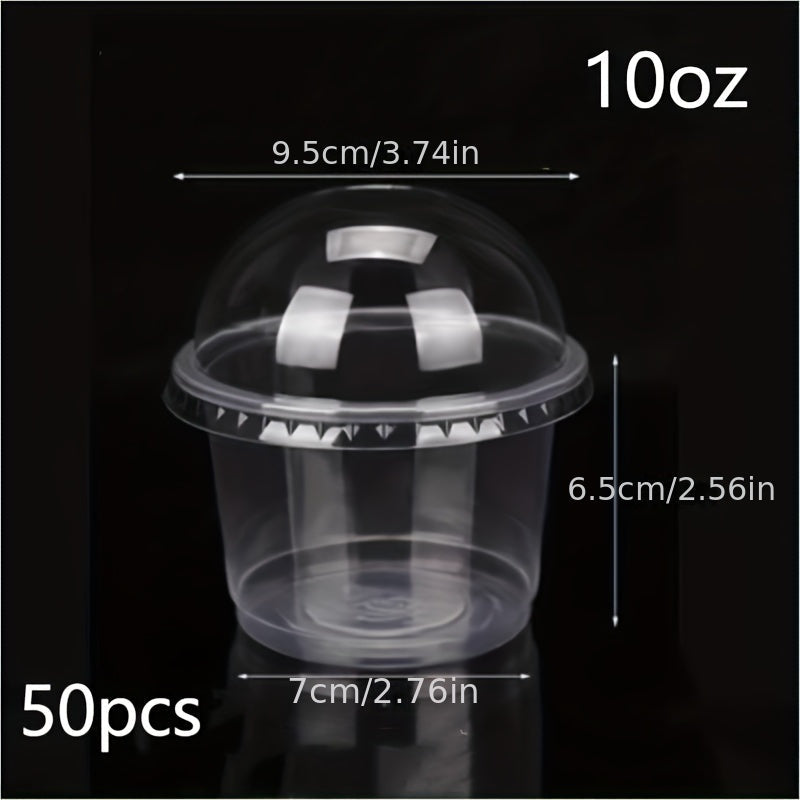 50 to 100 pieces of plastic dessert cups with dome lids, featuring no holes. These clear portable parfait cups are perfect for serving yogurt, pudding, jello, ice cream, fruit, and more. They are leak-proof, disposable containers ideal for takeout, home