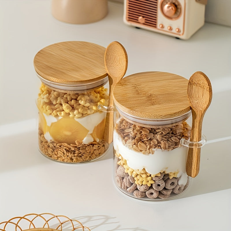 Glass airtight jars with bamboo lids and wooden spoons are versatile round food storage containers for the kitchen. They are reusable, easy to hand wash, and feature a flip top closure. Perfect for storing sugar, spices, and dry goods.