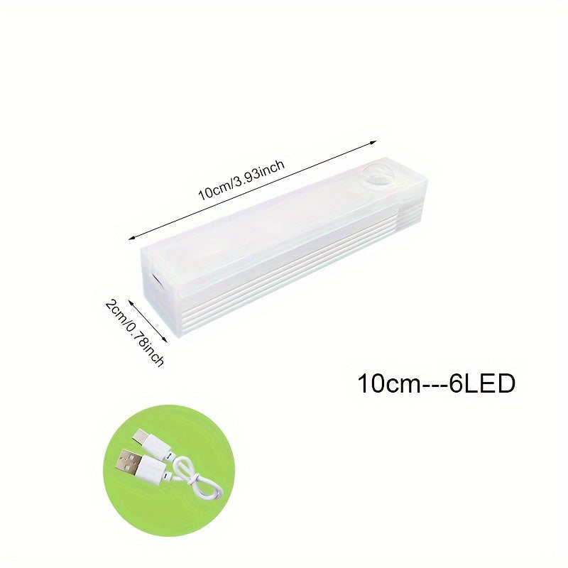 Wireless LED night light with motion sensor, USB rechargeable for various uses.