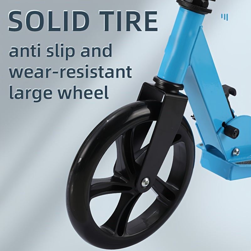 Adult kick scooter with iron frame, foldable design, rear brake, front suspension, anti-slip solid tires, adjustable height - ideal for commuters ages 14+ with maximum load of 100kg.