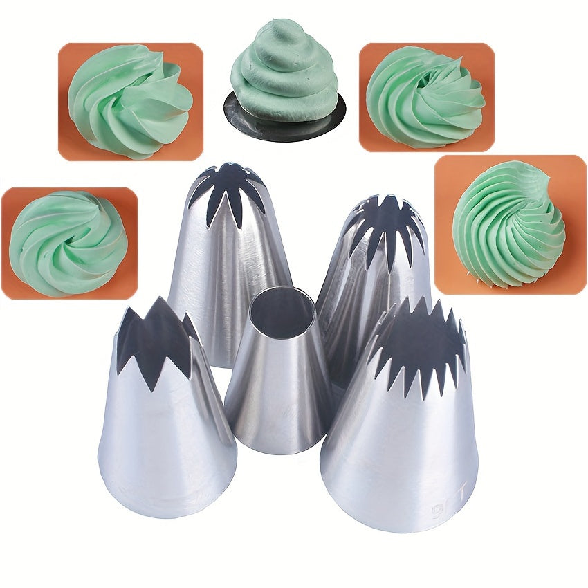 Top-selling set of 5 large flower-shaped piping tips for decorating cakes, biscuits, and other baked goods. Made of durable stainless steel.