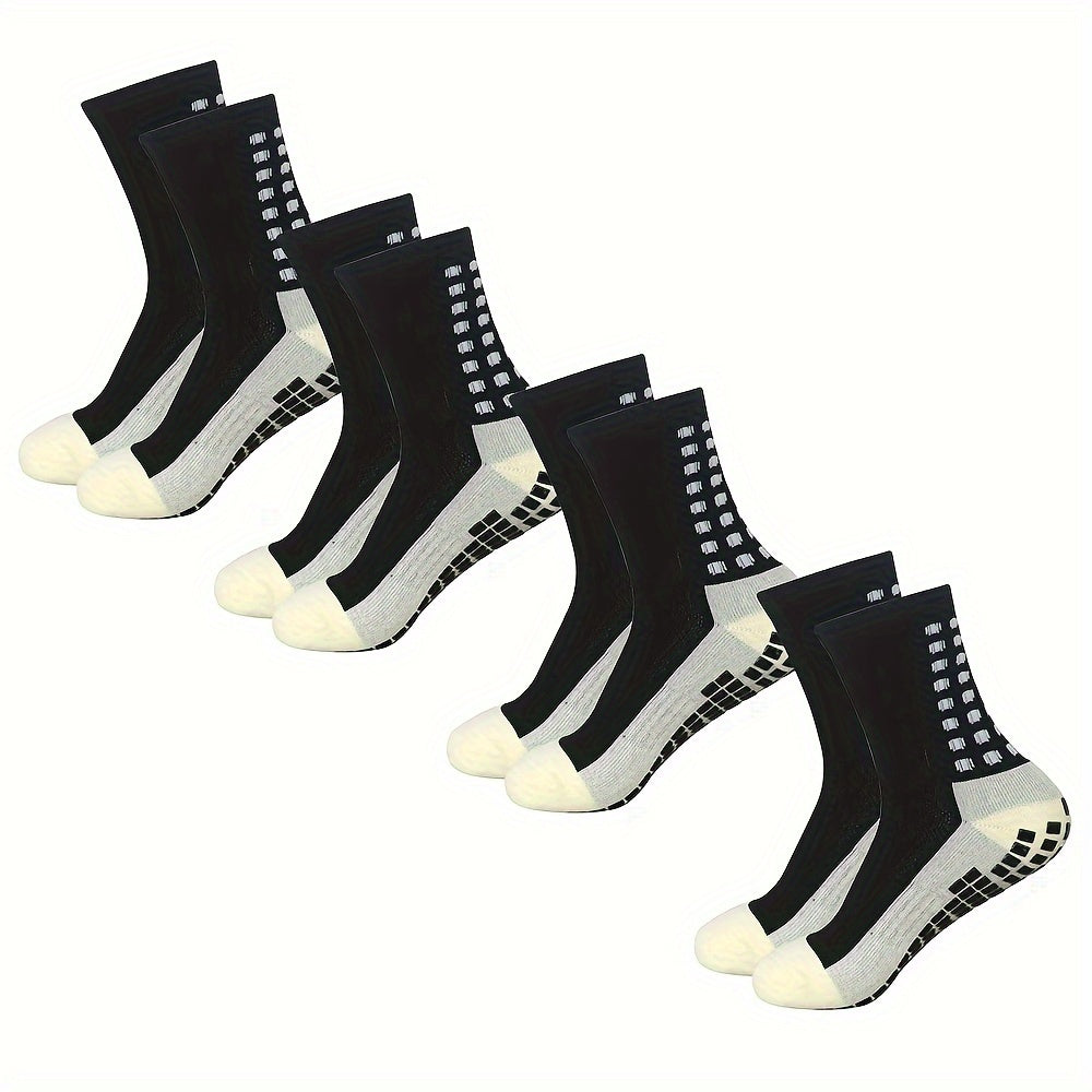 4 pairs of men's football socks made of knit polyester with terry bottom. Features include anti-smell, anti-slip, and wear-resistant properties. Machine washable and composed of 20% Spandex