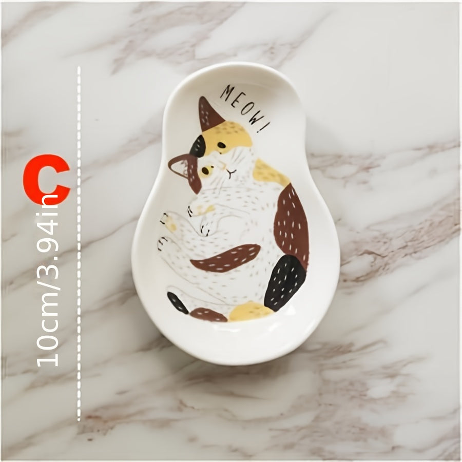 Cute ceramic plate for sauces with kitten pattern, perfect for home kitchens or dorm rooms. Versatile for chili sauce, mustard, ketchup, salad dressings, and vinegar.