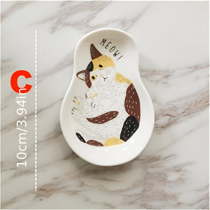 Cute ceramic plate for sauces with kitten pattern, perfect for home kitchens or dorm rooms. Versatile for chili sauce, mustard, ketchup, salad dressings, and vinegar.