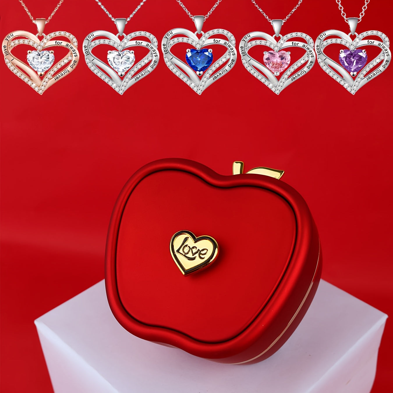 Stunning Double Heart Pendant Necklace in an Exquisite Red Apple Gift Box, Crafted with Silver Plated Copper and Synthetic Zirconia, a Versatile Piece of Jewelry Perfect for Any Occasion. Great for Gifting during Christmas, Valentine's Day, Mother's Day