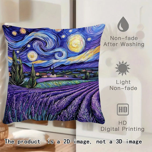 Modern flannel pillow cover featuring a starry night lavender design. This 45.72x45.72 cm cushion case is machine washable with a zippered closure, perfect for adding a touch of movie-themed decor to your sofa or bed. Suitable for back sleepers and ideal