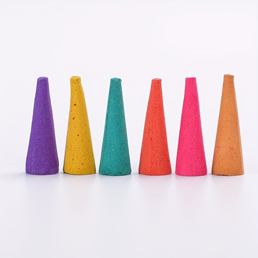 Assorted incense cones for home cleaning, meditation, and yoga. Features various scents such as lavender and tea smoke.