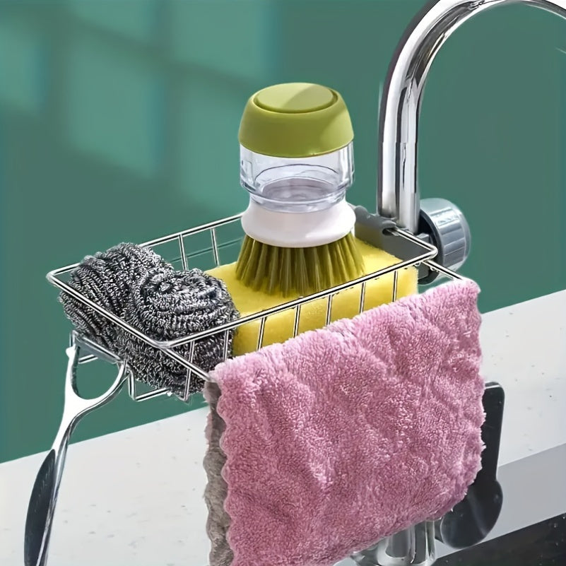 Adjustable Stainless Steel Kitchen Sink Caddy Organizer with Drainage - includes Faucet Sponge Holder, Towel Rack, and Multi-Function Storage for Kitchen Accessories