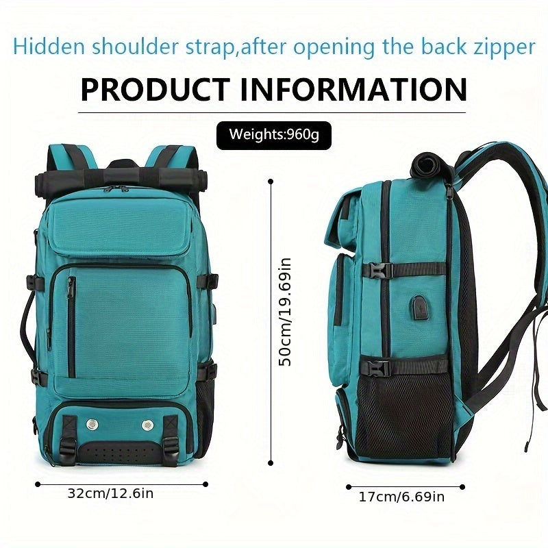 Durable black backpack for hiking and camping with large waterproof capacity, shoe compartment, and adjustable straps. Made from polyester.