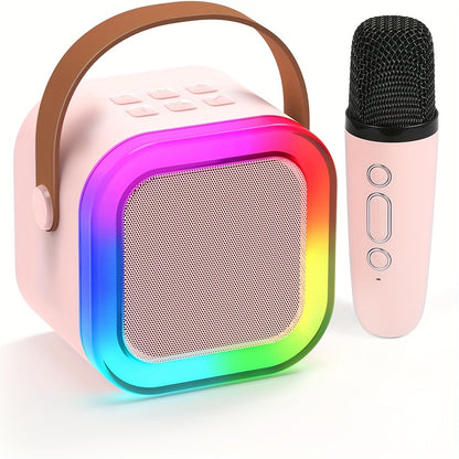 Portable wireless karaoke speaker with 1-2 microphones, dynamic lights, ideal for birthdays, home KTV, outdoor activities, and travel.