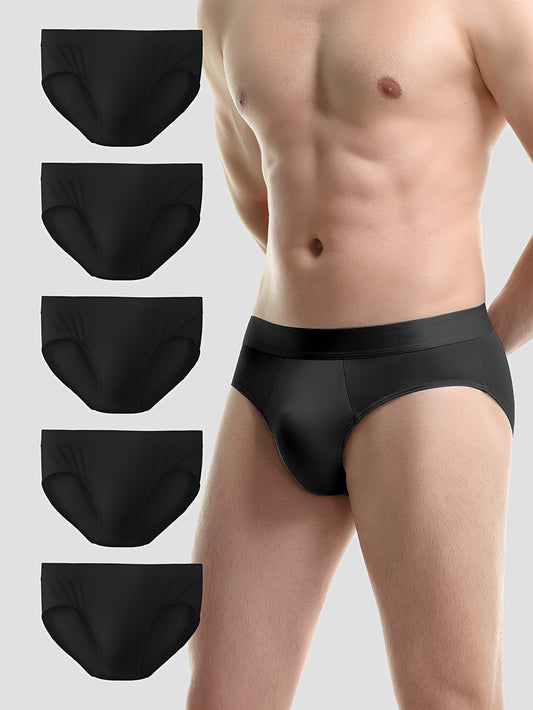 5 men's breathable sports briefs made of lightweight, stretchy polyester and spandex blend in solid color.