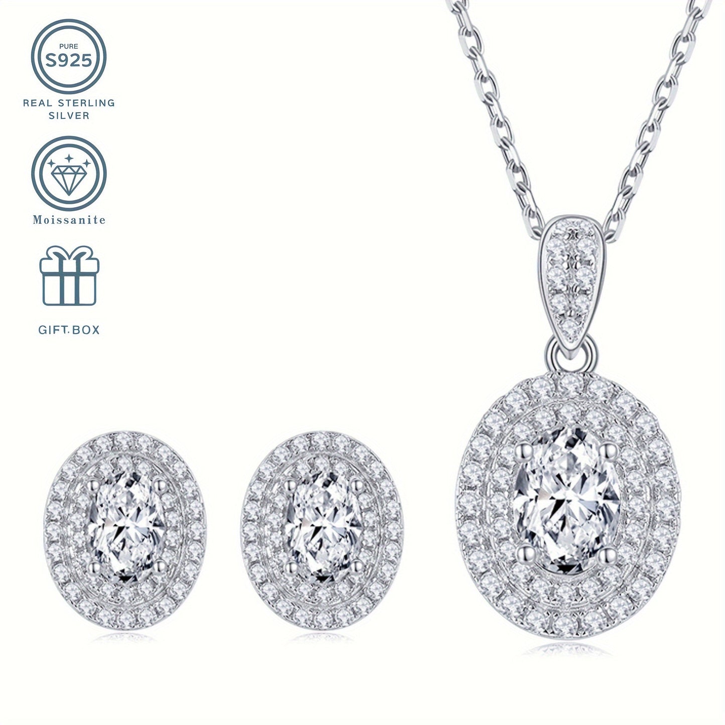 Elegant 925 Sterling Silver Moissanite Jewelry Set, Featuring 1.0 Carat Egg-Shaped Pendant and 0.5 Carat Earrings. This Sexy and Simple Style is perfect for Daily Wear or as a Wedding Accessory. Plated with 925 Silver, it makes an Ideal Gift for Mother's