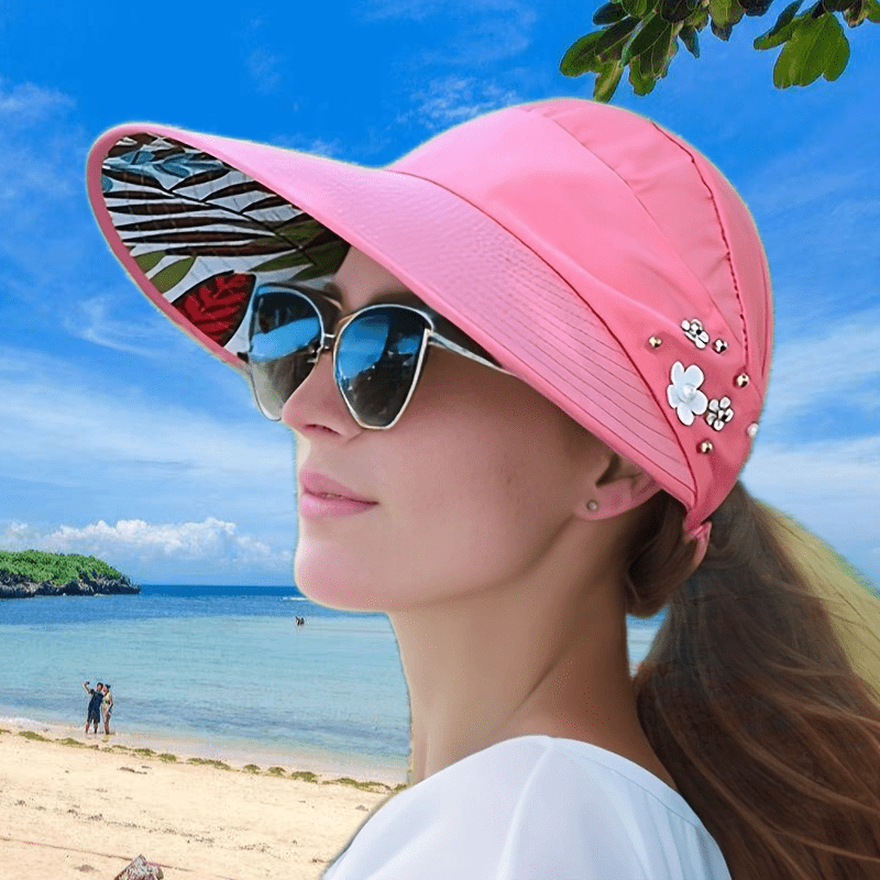 Stylish beaded sun visor for women with UV protection and foldable design, perfect for daily outdoor use.