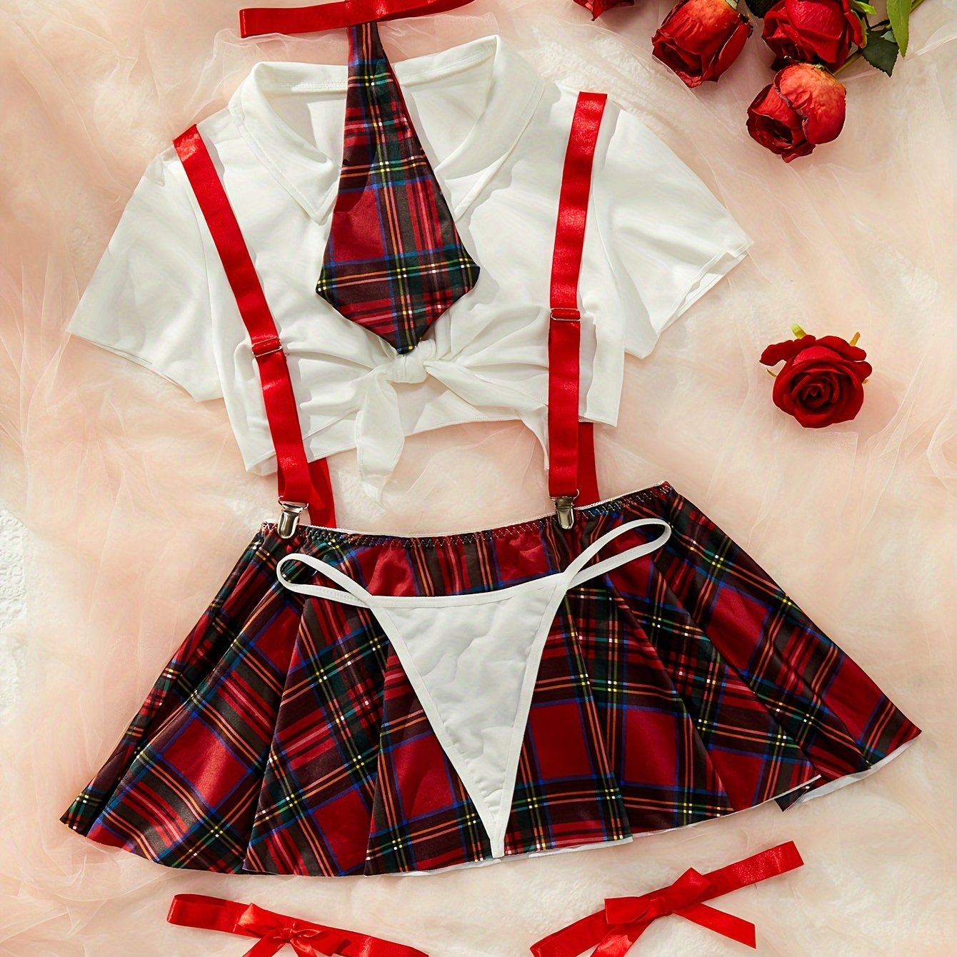 Women's sexy college role-playing costume set includes short skirt, thong, top, bow tie, and leg ring