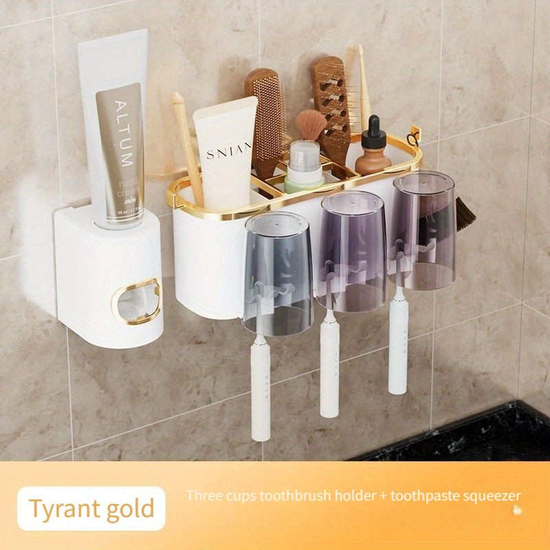 Toothbrush holder with toothpaste squeezer - Wall-mounted plastic organizer for bathroom essentials.